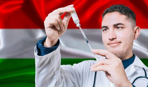 Doctor holding syringe on Hungary flag background. Medical professional holding syringe with