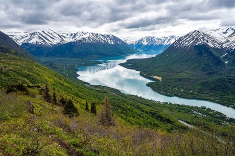 View of snowy mountains and turquoise lake Kenai Lake, Slaughter Ridge Trail, Cooper Landing, Kenai
