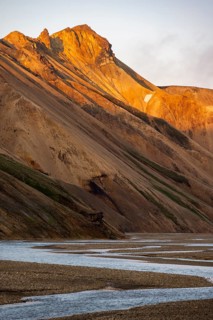 Rhyolite mountains and river Jökulgilskvísl, Landscape at Landmannalaugar, Dramatic volcanic