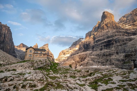 Sunset, Refugio Francis Fox Tuckett Alpine Club Hut, mountain peaks of the Brenta Mountains,