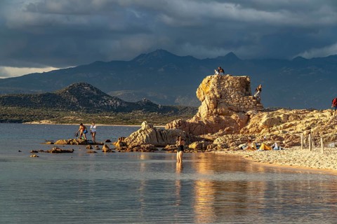 Ruins of a Genoese tower on La Tonnara beach near Bonifacio, Corsica, France