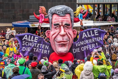 Rose Monday procession in Düsseldorf, theme car by wagon manufacturer Jacques Tilly, Epstein files