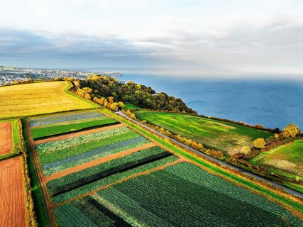Colours of autumn Fields and Farms over Sheldon from a drone, Torbay, Devon, England, United