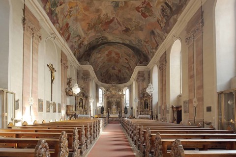 Baroque parish church of the Mother of God with frescoes, ceiling painting, interior view,