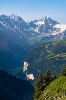 View of the Lauterbrunnen Valley from Schynige Platte, picturesque mountain landscape, glaciated