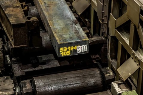 ThyssenKrupp hot rolling mill, slab just in front of the furnace is used, Hohenlimburg, Hagen,