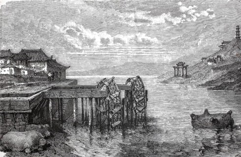 Traditional scene with water-drawing wheels, Noria, on a riverbank, China, 1875, from the Sosnowski
