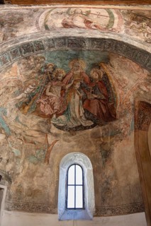 Interior view of the Romanesque St. Peter's Church with late Gothic frescoes, wall paintings