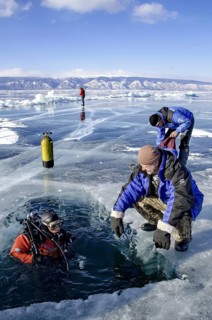 Scuba diver, Lake Baikal, Olkhon Island, Pribaikalsky National Park, Irkutsk Province, Siberia,