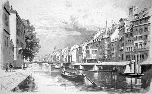 Scene on the Ill seen from the Raven Bridge, Strasbourg, 1880, France, illustration, reproduction