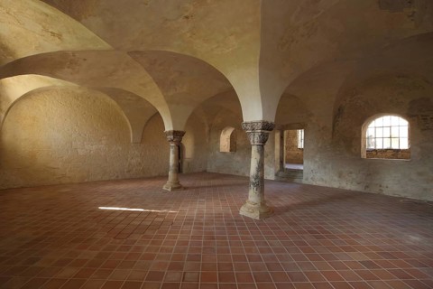 Chapter house of Michaelstein Abbey, columns with vaulted walls, interior view, Blankenburg,