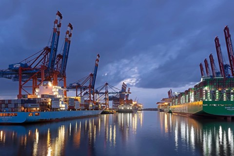 Blue hour, container ships, container bridges, Eurogate, Burchardkai, Waltershof, harbour, Hamburg,