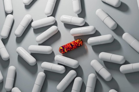 A vibrant capsule filled with colorful beads stands out among white medicine tablets on a gray