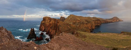 Sunset, rainbow at sea, volcanic peninsula, Ponta de São Lourenço, Ponta de Sao Lourenco, rocky