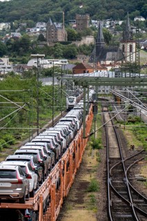 Upper Middle Rhine Valley, goods train, car transporter at Bingen station, waiting for permission