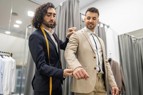 A professional tailor adjusts a client suit, ensuring perfect fit . The scene captures the