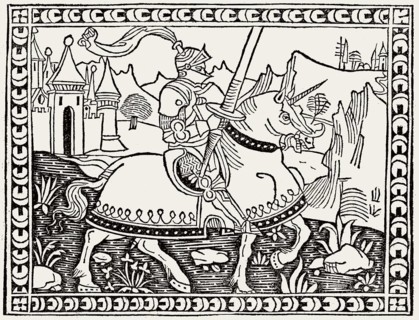 A knight on horseback, illustration from „La Giostra di Giuliano de Medici“ by Angelo Poliziano, ca
