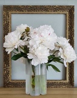 White peonies (Paeonia officinalis) in a structured vase with a classic frame in the background on