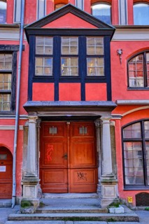 Columned portal with half-timbered bay, façade detail of the listed building at Badenstraße 44,