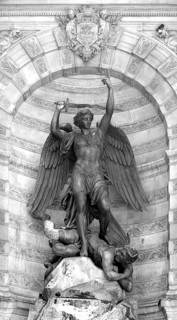 Monumental fountain with a sculpture of Saint Miachael, by architect Gabriel Davioud, black and