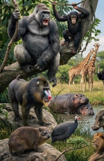 Ethiopian fauna, gorilla, hippopotamus, chimpanzee, giraffe, chameleon, mandrill, wildlife, animal