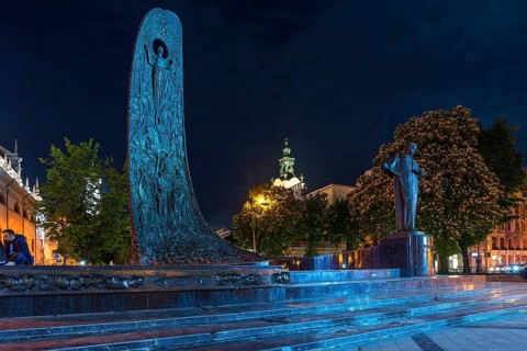 Nocturnal monument by Ukrainian poet and writer Taras Shevchenko, Lviv, Ukraine