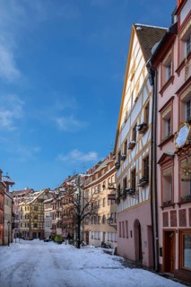 Historic half-timbered houses in Weißgerbergasse in winter, Nuremberg, Middle Franconia, Bavaria,