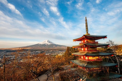 Five-story pagoda of a Shinto shrine in morning light, Chureito Pagoda, with views of Fujiyoshida