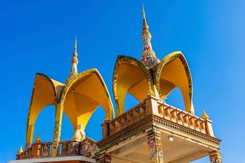 Round arch pavilions decorated with colorful mosaics and glass works of art, Buddhist temple