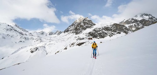 Ski tourers in a wintry mountain landscape, ascent to Piz Laviner from Chamanna Jenatsch, Grisons
