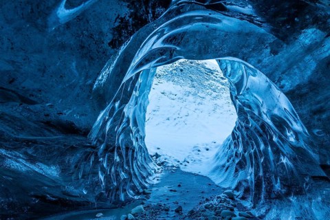 Ice cave facing outside, glacier, glacier ice cave, snow, Vatnajökull, winter, Iceland, Scandinavia