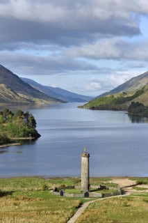 The Glenfinnan Monument on the shores of Loch Shiel, erected in 1815 to mark the place where Prince