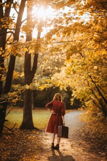 A woman in a red coat walks along a sunlit path in a forest during autumn in Quebec, Canada. The