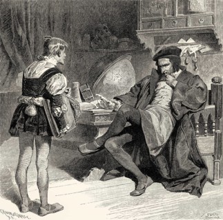 Mephistopheles with a student, first part of the tragic play Faust by Johann Wolfgang von Goethe