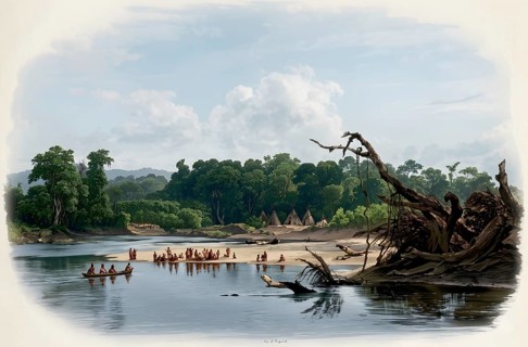 Camping Punka Indians on the banks of the Missouri, Indians, indigenous people, natives, North