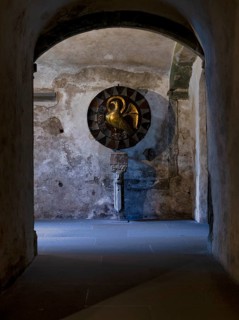 Interior photograph, historic Romanesque St John's disc, gold disc with eagle figure, treasure,