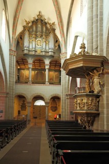Organ and pulpit with pulpit hood, late Romanesque cathedral, interior view, Fritzlar, Hesse,