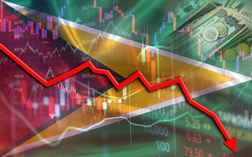Guyana financial fall on economy market. Guyanese financial crisis on economic graph