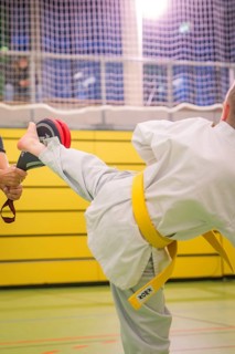 Child doing taekwondo training doing a high kick in a gym, Taekwondo, Calw, Germany