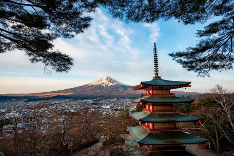 Five-story pagoda of a Shinto Shrine, Chureito Pagoda, with views of Fujiyoshida City and Mount