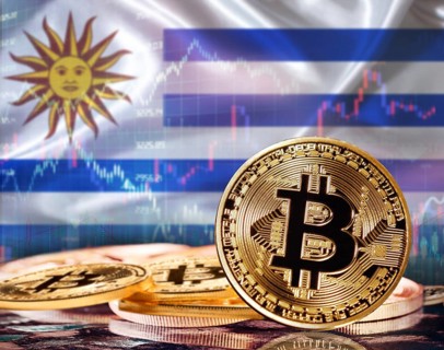 Bitcoin with Uruguayan flag in the background. Investors in cryptocurrency and Blockchain