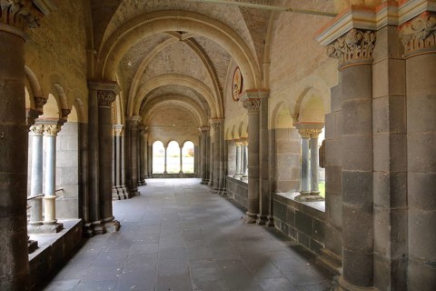 Interior view of cloister, Romanesque style, Benedictine Abbey, Maria Laach, Eifel,