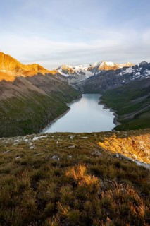 Picturesque mountain landscape at the summit Mont de la Blana at sunset, view of blue mountain