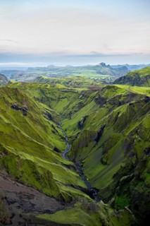 Canyon, moss-covered volcanic mountain landscape, Pakgil, Iceland