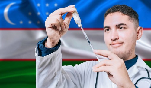 Doctor holding syringe on Uzbekistan flag background. Medical professional holding syringe with