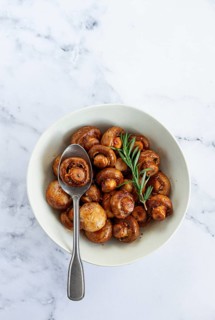 Fried mushrooms, with spices, in soy sauce, vegetarian food, homemade, no people