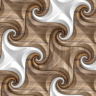Seamless 3D illustration of intertwining geometric patterns combining wood textures and glossy