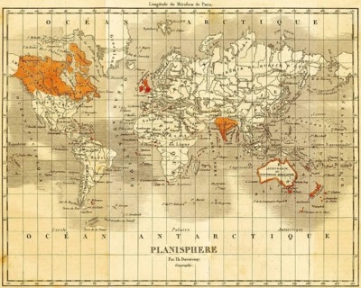 World map with England and the English colonies in the 19th century, color coding, French