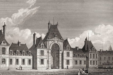The Royal Château de Fontainebleau, near Paris, antique steel engraved print, 1831