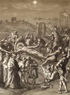 Crucifixion of Jesus, Mount Calvary, Jerusalem, New Testament, steel engraving 1853, digitally